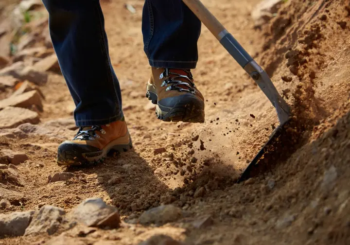 A close-up view of how we tested steel toe hiking boots, showing them providing stability and protection for a trail worker during demanding physical labor.