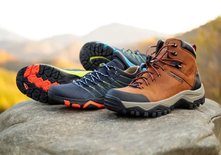 Three of the best barefoot hiking shoes of 2025 are displayed on a rock with a scenic mountain trail in the background, showcasing top picks for different terrains.
