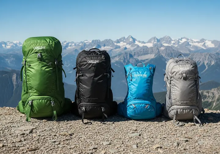 A lineup of the best CamelBak backpacks of 2025, including hiking packs and running vests, displayed on a scenic mountain ridge.