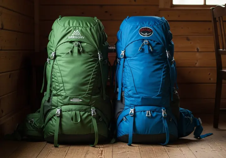 A fully packed Gregory Baltoro and Osprey Aether backpack stand side-by-side on a wooden cabin floor, ready for a trip.