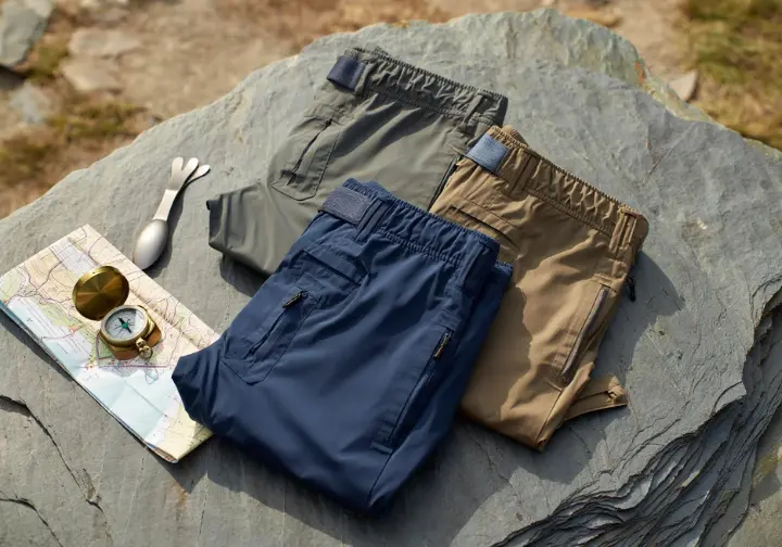 Our top picks for the best hiking shorts of 2025 are laid out neatly on a slate rock next to a map and compass.