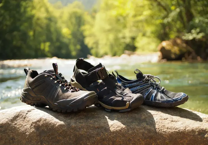 A curated selection of the best hiking water shoes of 2025, including a boot and a hybrid sandal, displayed on a sunny rock by a clear river.