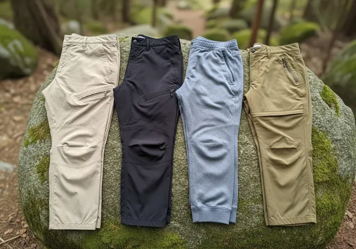 Four different styles of men's outdoor pants are laid out for comparison on a large rock in a forest setting.