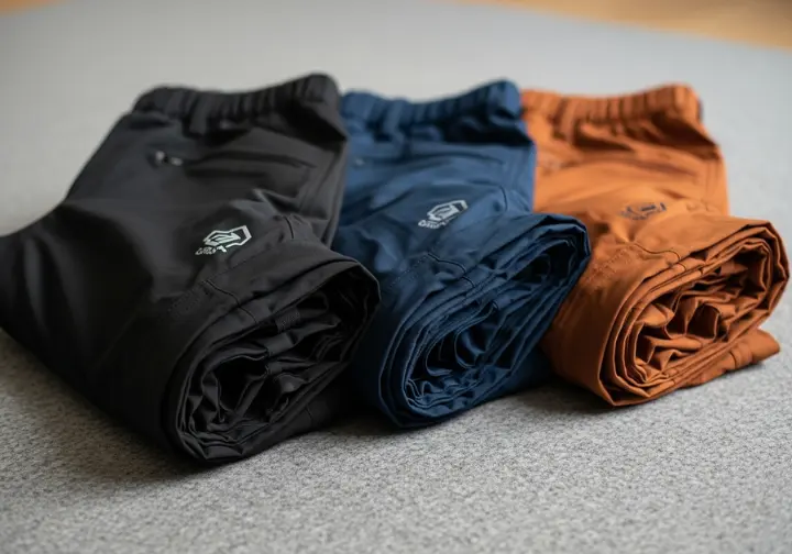 Three pairs of different colored, neatly rolled weatherproof hiking pants laid out on a wool blanket for a gear guide.