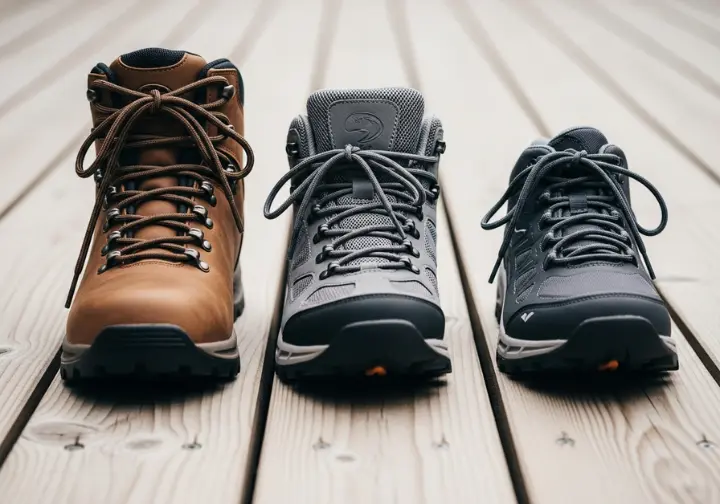 Three different pairs of new women's water-resistant hiking boots lined up on a wooden deck on an overcast day.