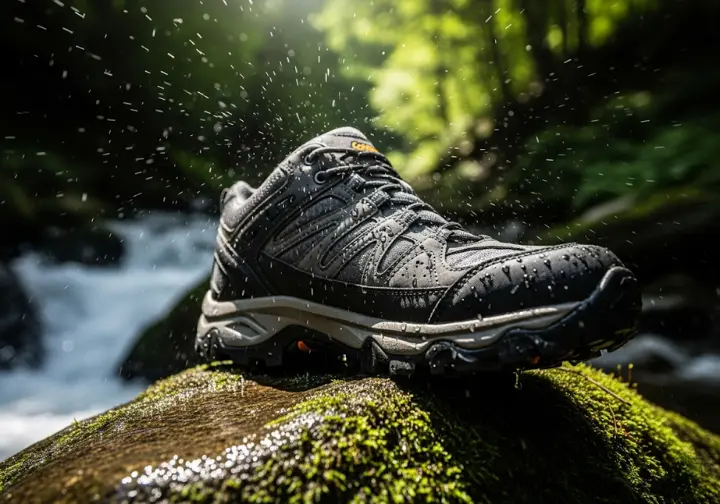 A close-up of a top-rated men's waterproof hiking shoe on a wet rock by a stream, with water beading off its surface.