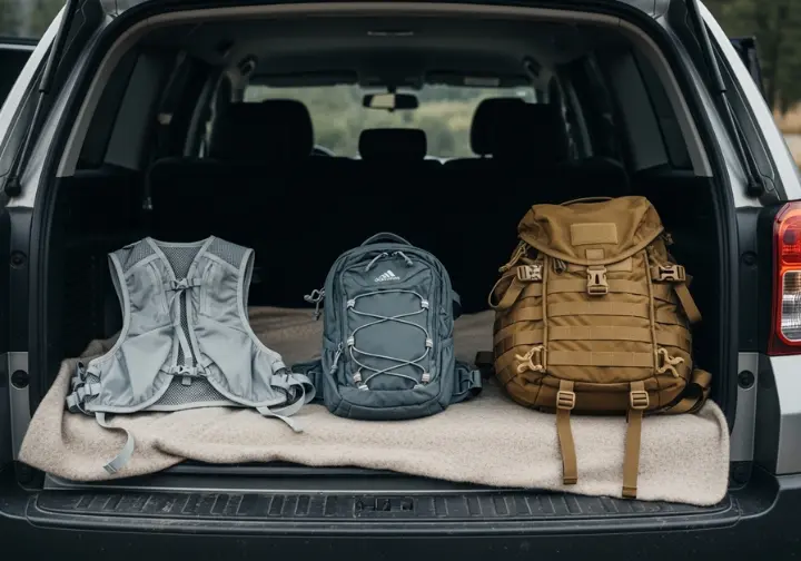 Three different styles of clean chest bags are laid out on a blanket on a car's tailgate at a trailhead on an overcast day.