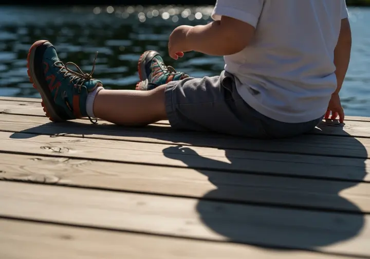 A toddler seen from behind, sitting on a sunny wooden dock with their hiking boots dangling above the water.