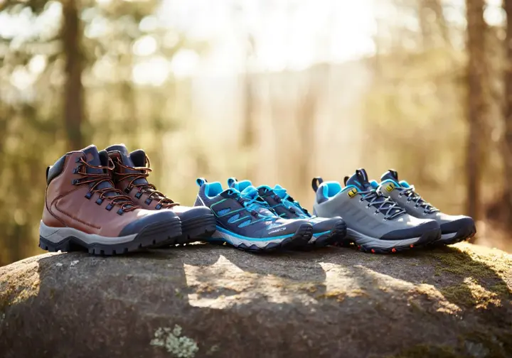 Three of the best women's waterproof hiking shoes of 2025 displayed on a mossy rock in a beautiful forest setting.