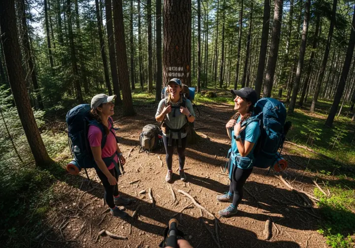 Three women hikers with different-sized backpacks laugh together while taking a break on a sun-dappled forest trail