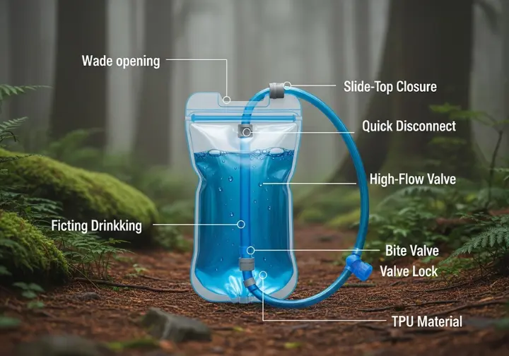 A detailed diagram showcasing the essential features of a modern hydration bladder for hiking, including the slide-top closure, quick-disconnect port, high-flow bite valve, and valve lock, set against a lush forest background.