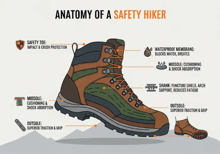 An infographic titled "Anatomy of a Safety Hiker" showing a detailed cutaway view of a hiking boot. Callouts point to key components like the Safety Toe, Waterproof Membrane, Midsole, Outsole, and Shank, with brief text explaining their protective functions.
