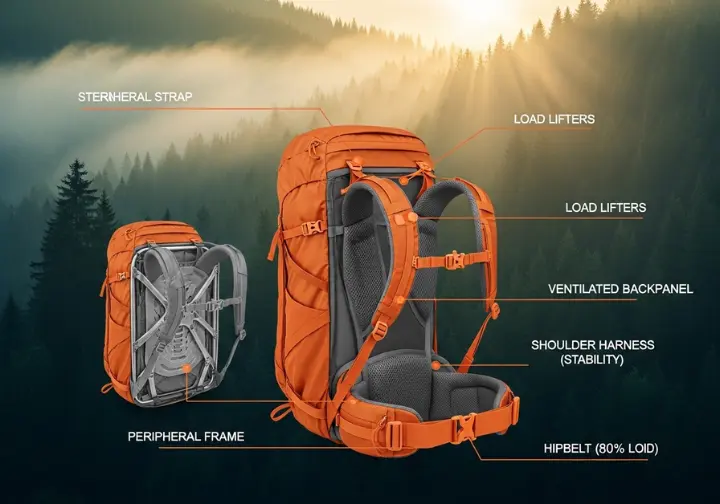A detailed diagram of a modern hiking backpack, showcasing its core performance components. Callouts highlight the peripheral frame, ventilated backpanel, hipbelt, shoulder harness, load lifters, and sternum strap.