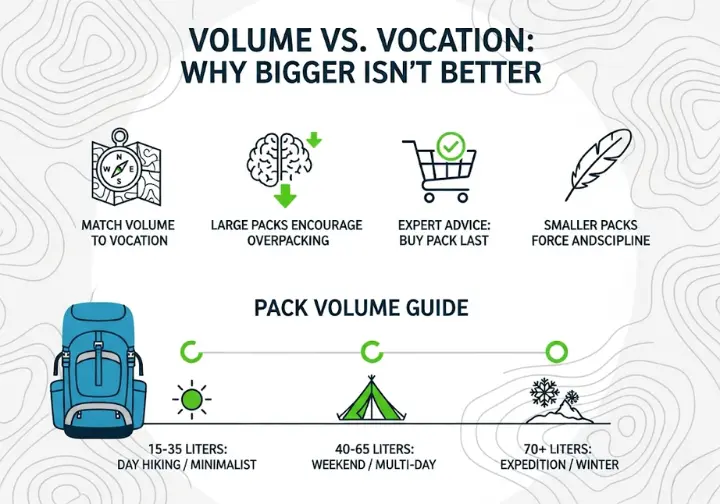 An infographic titled "Volume vs. Vocation" that advises on choosing the correct backpack size. It illustrates four key ideas: match pack volume to your trip's purpose, large packs encourage overpacking, buy your pack last after your other gear, and smaller packs enforce discipline. It includes a visual chart matching pack volumes in liters (15-35L, 40-65L, 70L+) to vocations like day hiking, multi-day trips, and expeditions.