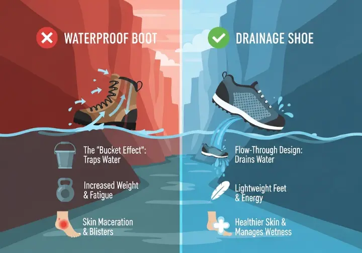 An infographic comparing waterproof boots to drainage shoes for canyoneering. The left side illustrates the "Bucket Effect" where waterproof boots trap water, causing weight, fatigue, and blisters. The right side shows how drainage shoes allow water to flow out, keeping feet light and healthy.