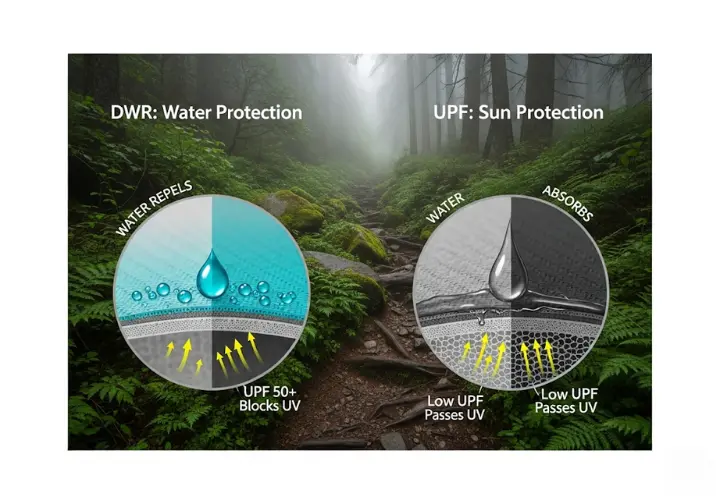 An infographic explaining the protective qualities of outdoor apparel, showing how a DWR finish repels water and a UPF 50+ fabric blocks harmful UV rays.