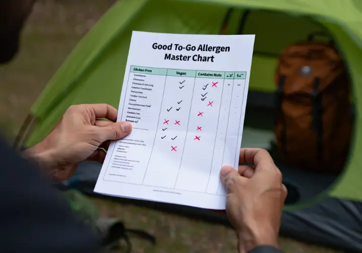 A hiker's hands holding a clear Good To-Go Allergen Master Chart, providing consolidated allergen information for hiking meals.
