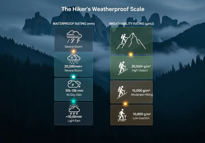 An infographic titled "The Hiker's Weatherproof Scale" detailing fabric performance. It features two vertical gauges against a moody mountain backdrop. The left gauge shows waterproof ratings in millimeters (mm) with icons for light rain, steady rain, and storms. The right gauge shows breathability ratings in grams (g/m²) with icons for low, moderate, and high-intensity activities.