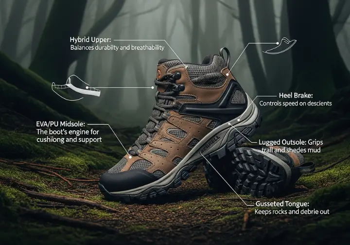 An annotated diagram of a hybrid hiking boot, showing the upper, midsole, outsole, and heel brake, explaining how each material affects performance and durability.