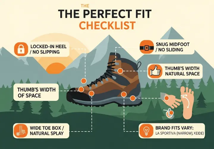 An infographic titled "The Perfect Fit Checklist" illustrating the three key areas to check for a proper hiking boot fit to prevent blisters: a locked-in heel, a snug midfoot, and a thumb's width of toe room.