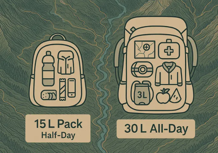 An infographic comparing a small 15L pack for a half-day hike against a larger 30L pack for an all-day hike, showing the different gear required for each. The background is a detailed topographical map.