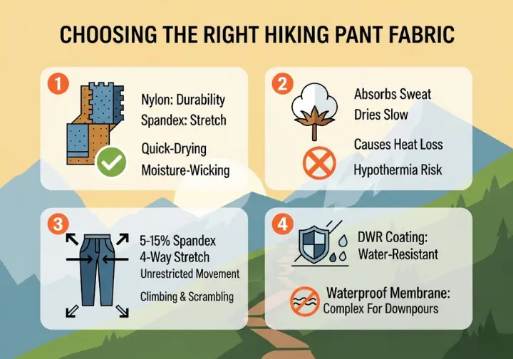 An infographic explaining the best and worst fabric choices for hiking pants. It contrasts the benefits of synthetic blends like nylon and spandex with the dangers of cotton, and also details the importance of stretch percentage and weather-resistant coatings.