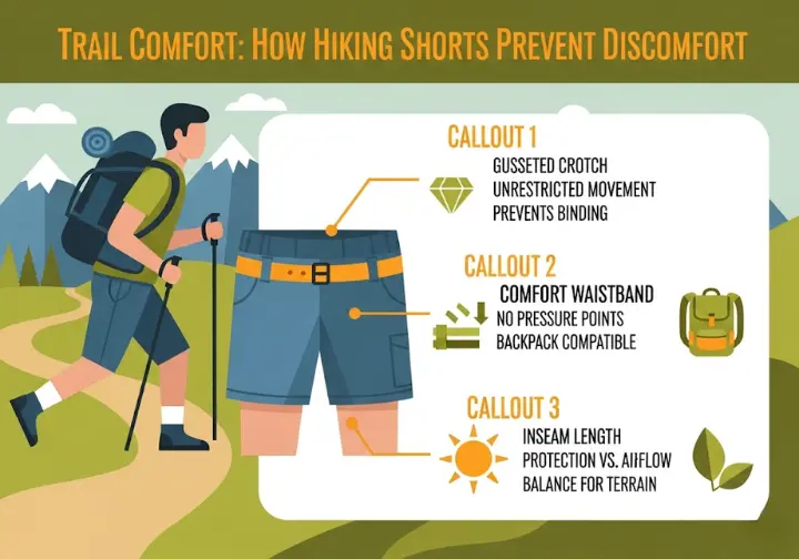 An infographic detailing how the fit and mobility of hiking shorts prevent discomfort on the trail, featuring sections on the gusseted crotch, waistband design, and inseam length.