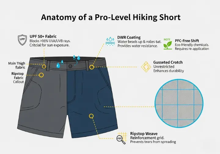 An infographic titled "Anatomy of a Pro-Level Hiking Short." It showcases a vector illustration of a hiking short with callouts explaining key technical features like UPF 50+ sun protection, DWR water-repellent coating, the shift to PFC-free chemicals, a gusseted crotch, and ripstop fabric