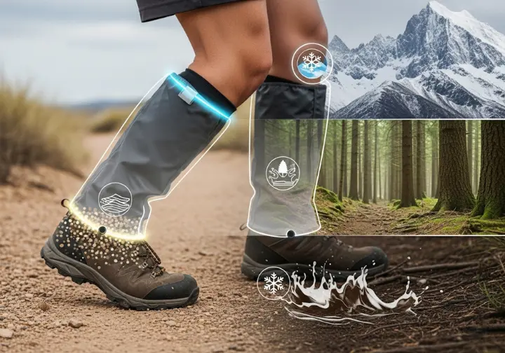 An infographic illustrating how gaiter height corresponds to different hiking environments. The image shows a hiker's leg with three transparent overlays: a low gaiter for desert trails, a mid-calf gaiter for forest paths, and a knee-high gaiter for snowy mountains, each labeled with the hazard it protects against.