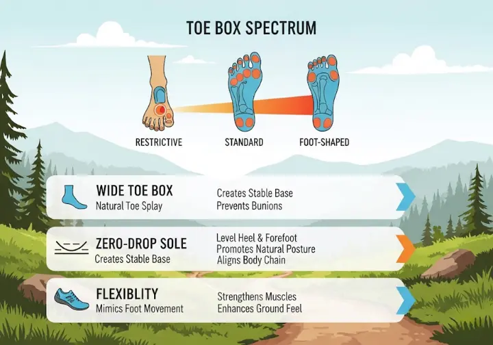 An infographic explaining the three non-negotiable features of minimalist shoes: a wide toe box for natural splay, a zero-drop sole for better posture, and flexibility for foot strength. The graphic includes a visual comparison of restrictive versus foot-shaped toe boxes.
