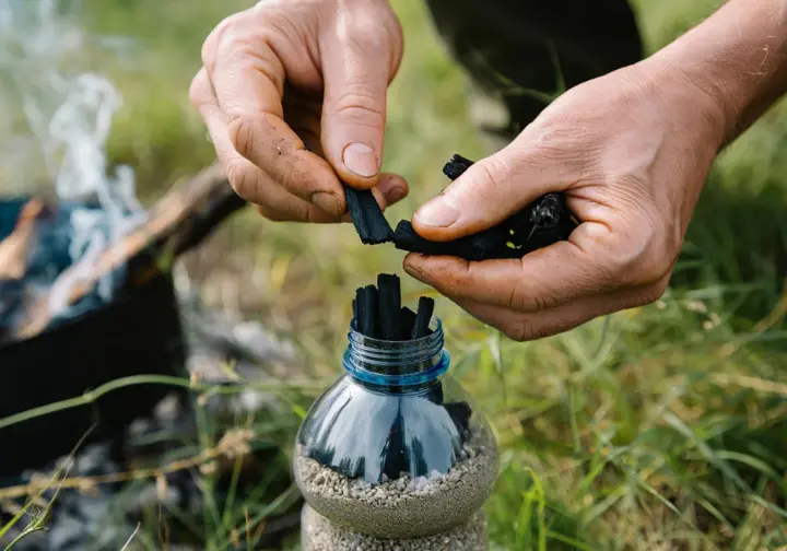 Hands making a DIY water filter with homemade charcoal and a plastic bottle in a survival camp, illustrating the survivalist's guide to activated charcoal.