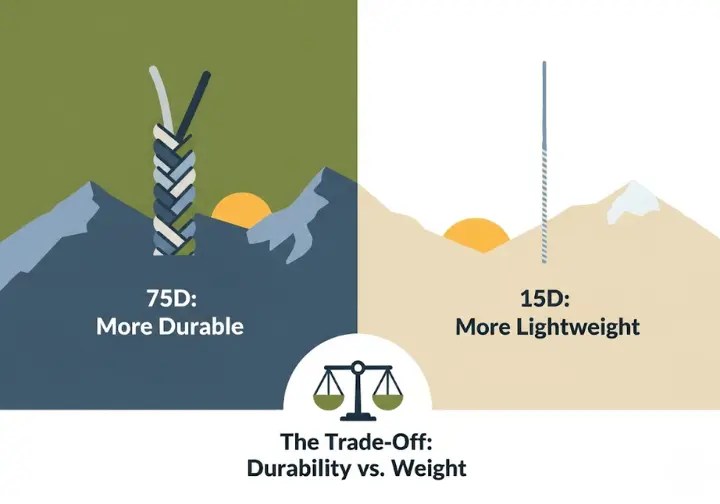 An infographic explaining tent fabric denier. It features a side-by-side comparison of a thick thread labeled '75D - More Durable' and a thin thread labeled '15D - More Lightweight,' illustrating the core trade-off between durability and weight for camping tents.