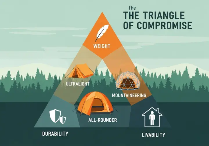 An infographic titled "The Triangle of Compromise" illustrating the trade-offs in selecting a backpacking tent. The graphic features a triangle with 'Weight,' 'Livability,' and 'Durability' at its corners. Inside, icons for Ultralight, All-Rounder, and Mountaineering tents show their respective balance of these three factors.