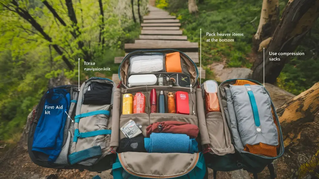 A top-down view of a hiking backpack with organized essentials and packing tips for efficiency and balance.