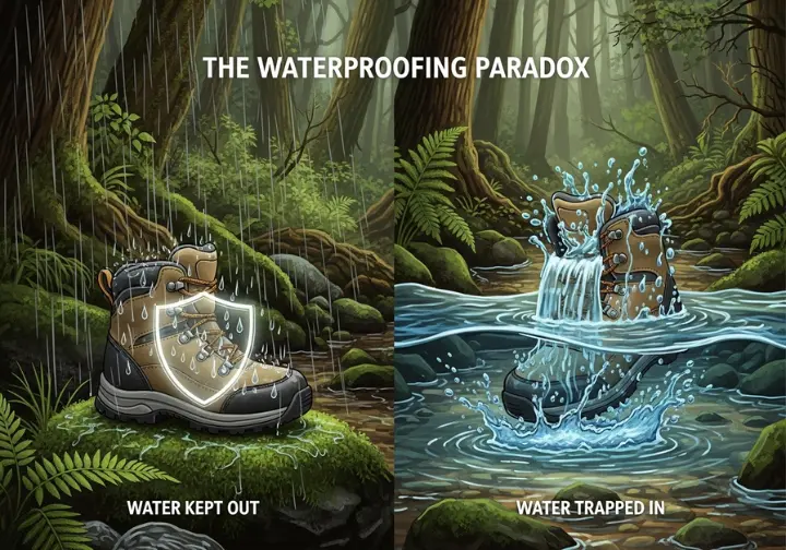 A side-by-side infographic explaining the 'Waterproofing Paradox' for hiking boots, with one panel showing a boot repelling rain and the other showing it trapping water after being submerged.
