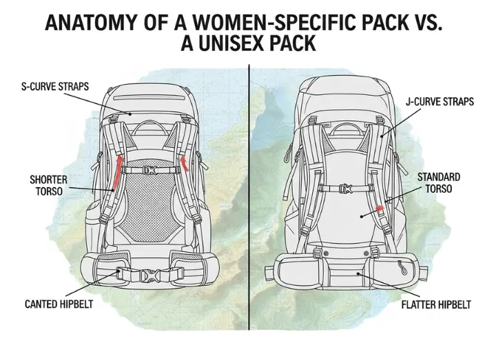 A detailed technical illustration comparing the key fit-features of a women-specific hiking backpack and a unisex backpack, highlighting differences in shoulder straps, torso length, and hipbelt design for proper load transfer.