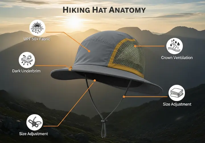 An infographic detailing the key features of a high-performance hiking hat, showing callouts for UPF 50+ fabric, a dark underbrim, wicking sweatband, crown ventilation, size adjustment, folding brim, and a chinstrap.
