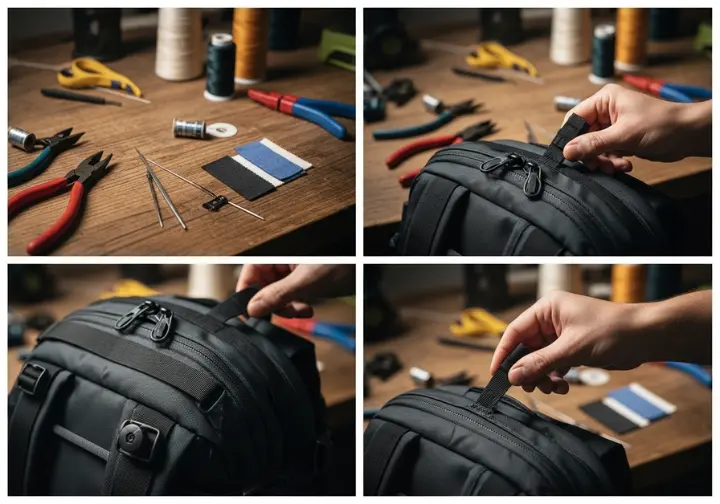 A side-by-side composite image showing macro close-ups of backpack durability features, including lightweight 100D fabric, durable 630D base fabric, reinforced bar-tack stitching, and a quality zipper.