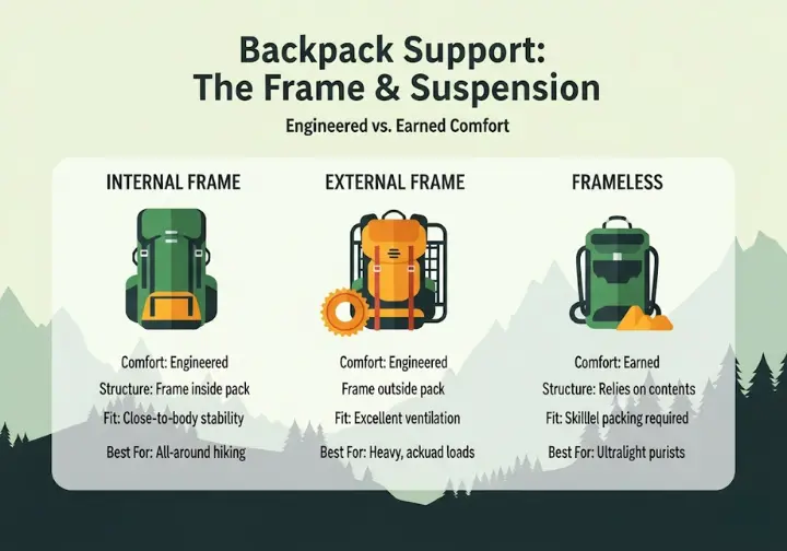 An infographic comparing three types of hiking backpack support systems: internal frame, external frame, and frameless. The graphic illustrates the difference between "Engineered Comfort" and "Earned Comfort," with icons and key features for each backpack style.