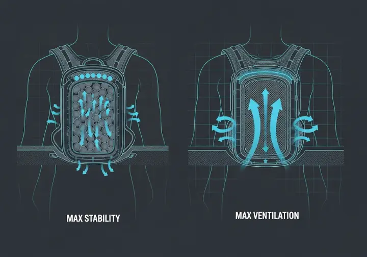 A technical diagram comparing a 'Maximum Stability' backpack back panel with foam pods against a 'Maximum Ventilation' panel with a full tensioned-mesh design, showing airflow with arrows.
