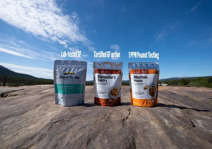 Three brands of hiking meal pouches (Good To-Go, Backpacker's Pantry, Mountain House) displayed side-by-side, comparing their allergen policies.