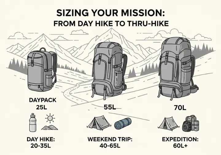An infographic titled "Sizing Your Mission," visually guiding users on choosing the correct hiking backpack volume (liters) for day hikes, weekend trips, and multi-day expeditions, with associated gear icons.