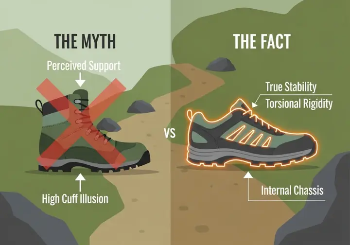 Infographic titled "The Ankle Support Myth," which visually contrasts a high-cuff boot with a low-cut shoe. The graphic illustrates that true hiking stability comes from a shoe's rigid base and internal chassis, not the fabric around the ankle.