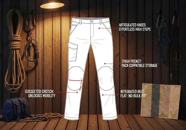 A diagram illustrating the key mobility and comfort features of a modern hiking pant, with callouts pointing to the articulated knees, gusseted crotch, zippered thigh pocket, and integrated belt.