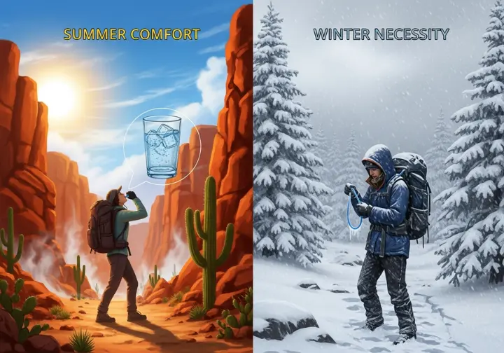 A side-by-side visual explaining hydration pack insulation. The left panel, labeled "Summer Comfort," shows a hiker in a hot desert. The right panel, "Winter Necessity," shows a hiker in a snowy environment with a frozen hydration tube.