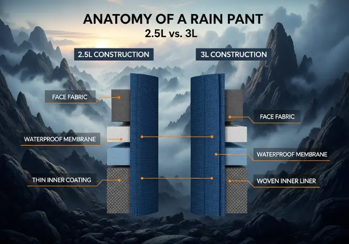 A detailed cross-sectional diagram comparing 2.5-layer and 3-layer waterproof fabric constructions, showing the face fabric, membrane, and inner liner for each, set against a dramatic mountain environment.