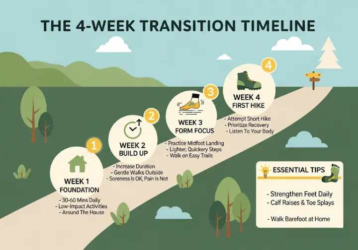 A 4-week timeline infographic explaining how to safely transition to barefoot hiking. It outlines weekly steps for wear time, from low-impact activities to a first short hike, and includes tips on proper form and foot strengthening exercises.
