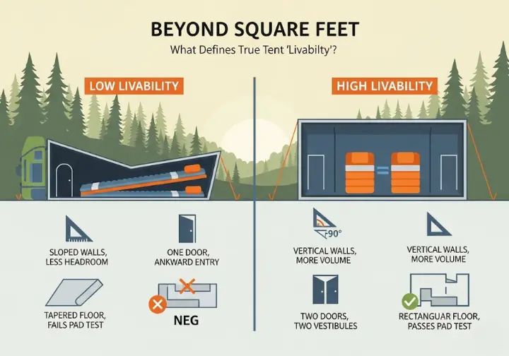 An infographic titled "Beyond Square Feet" that explains true tent livability. It features a side-by-side comparison of a low-livability tapered tent and a high-livability rectangular tent, showing how wall angle, floor shape, and door configuration affect usable space for two campers and their gear