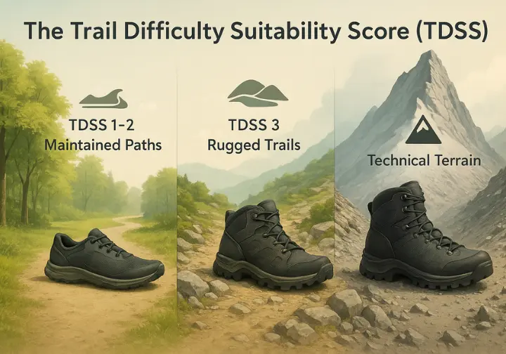 An infographic titled "The Trail Difficulty Suitability Score (TDSS)" visually explaining how to match shoes to trails across three levels: maintained paths (TDSS 1-2), rugged trails (TDSS 3), and technical terrain (TDSS 4-5).
