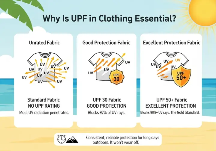 An infographic explaining the importance of UPF sun protection in clothing. It visually compares a standard fabric, a UPF 30 fabric, and a UPF 50+ fabric, illustrating the percentage of UV rays each type blocks to protect the skin.